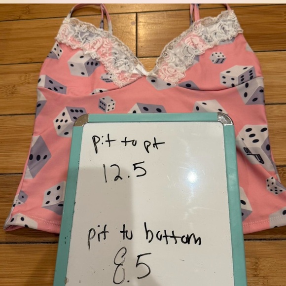O-mighty Pink tank top dice design with lace. Cropped. Sz S. #chance #dice - Picture 3 of 11